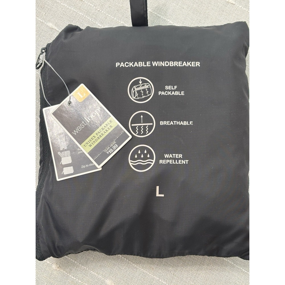 Packable Black Windbreaker Unisex Breathable Water Repellent Sz Large